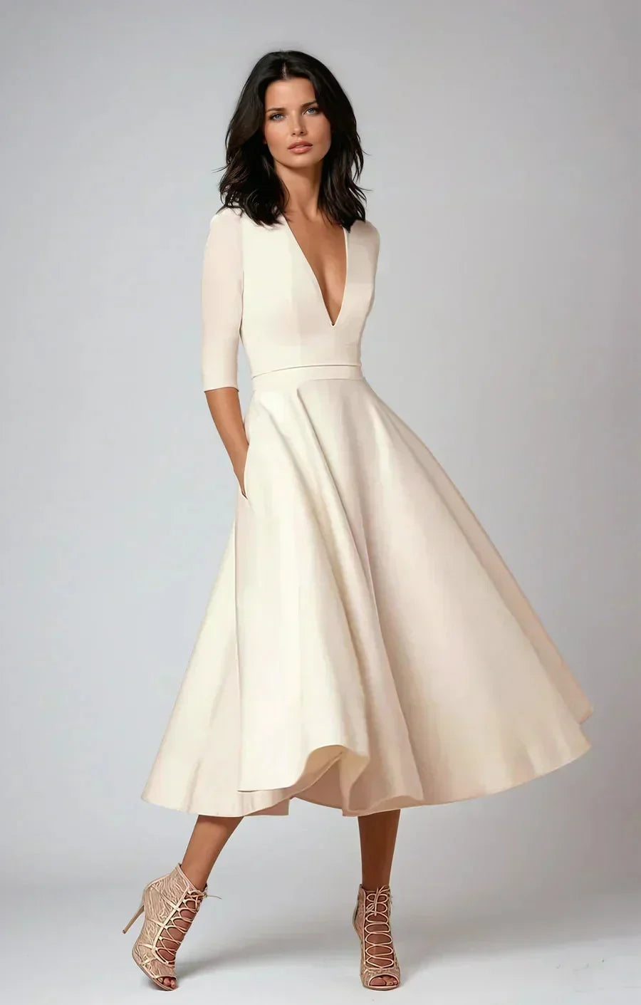 Women's Elegant Tailored Flared Dress with Pockets | Midi