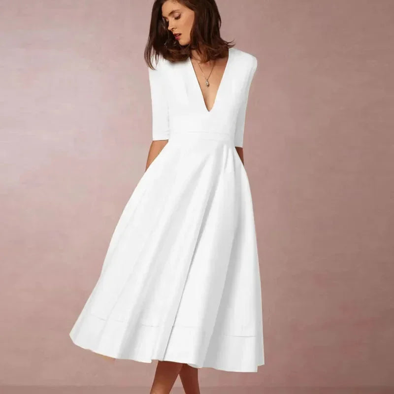 Women's Elegant Tailored Flared Dress with Pockets | Midi