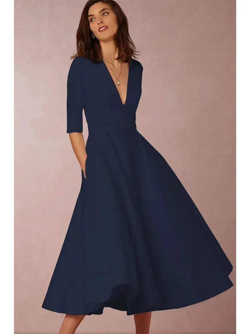 Women's Elegant Tailored Flared Dress with Pockets | Midi