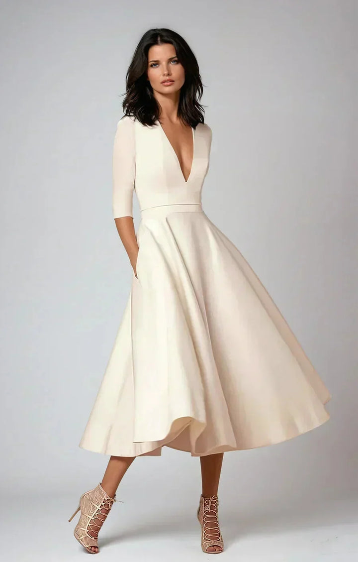 Women's Elegant Tailored Flared Dress with Pockets | Midi
