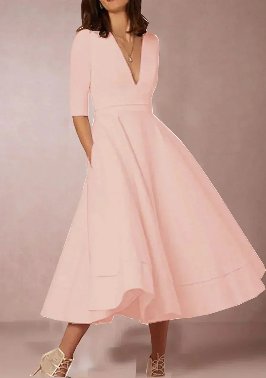 Women's Elegant Tailored Flared Dress with Pockets | Midi