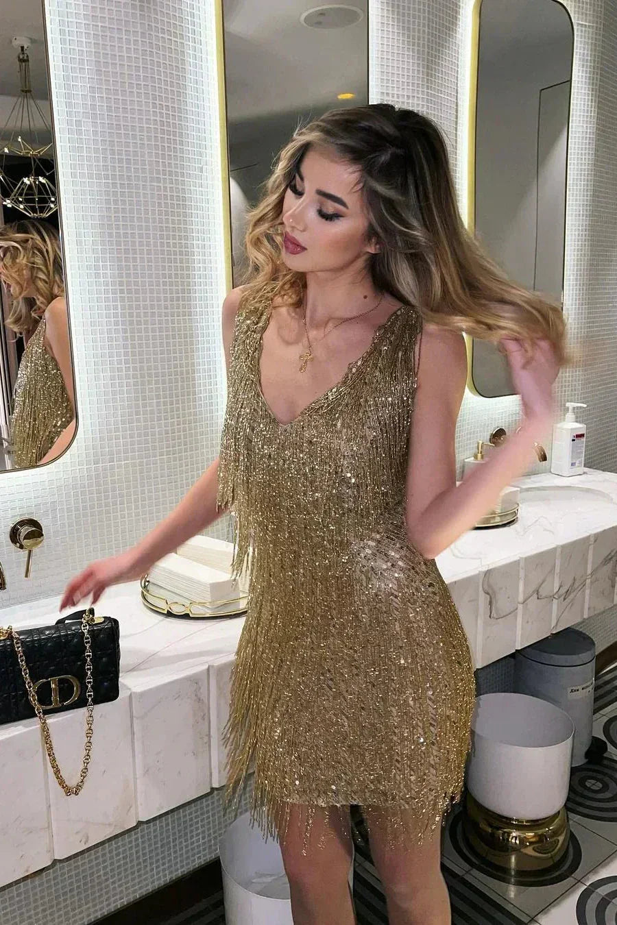 Women's Sparkling Evening Fringed Party Dress | Mini