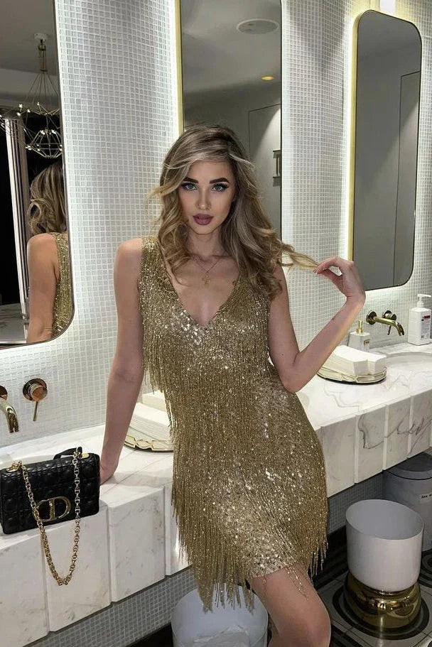 Women's Sparkling Evening Fringed Party Dress | Mini