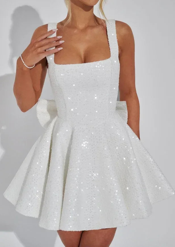 Women's Sparkling Evening Party Dress with Bow Detail | Mini