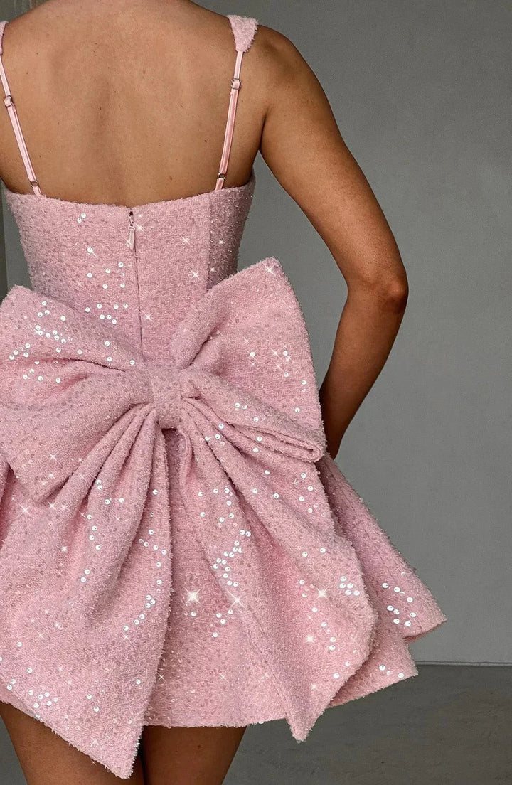 Women's Sparkling Evening Party Dress with Bow Detail | Mini