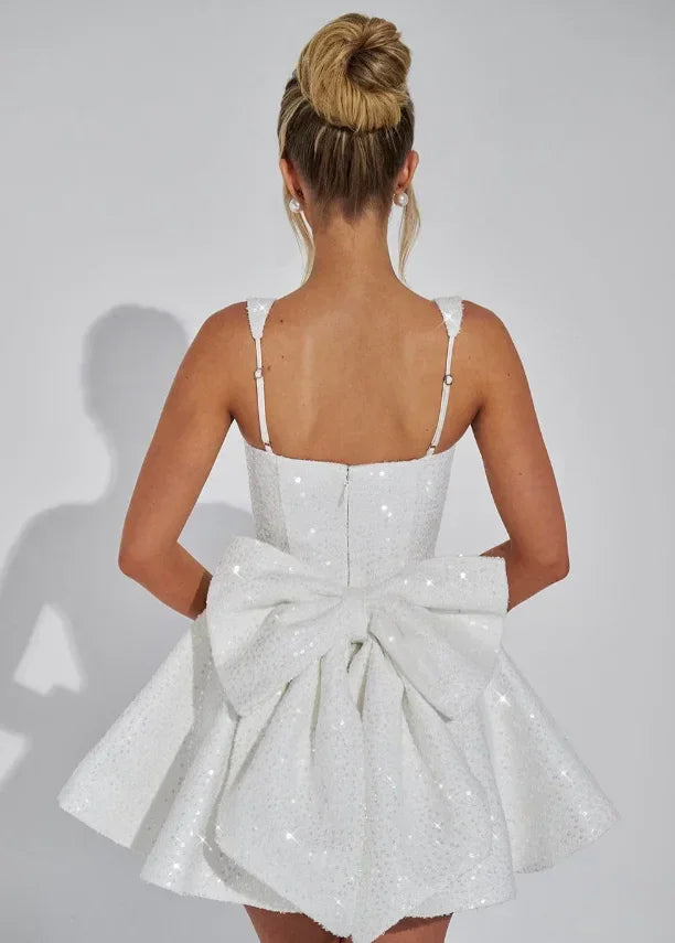 Women's Sparkling Evening Party Dress with Bow Detail | Mini
