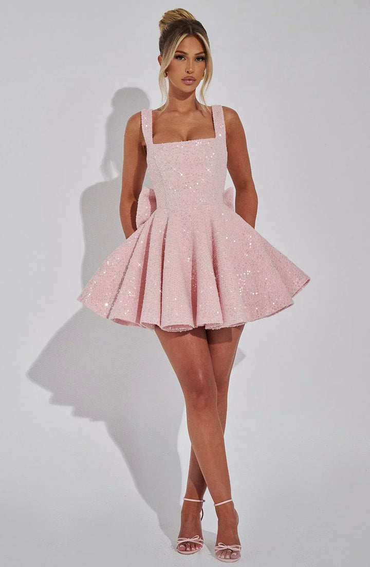 Women's Sparkling Evening Party Dress with Bow Detail | Mini