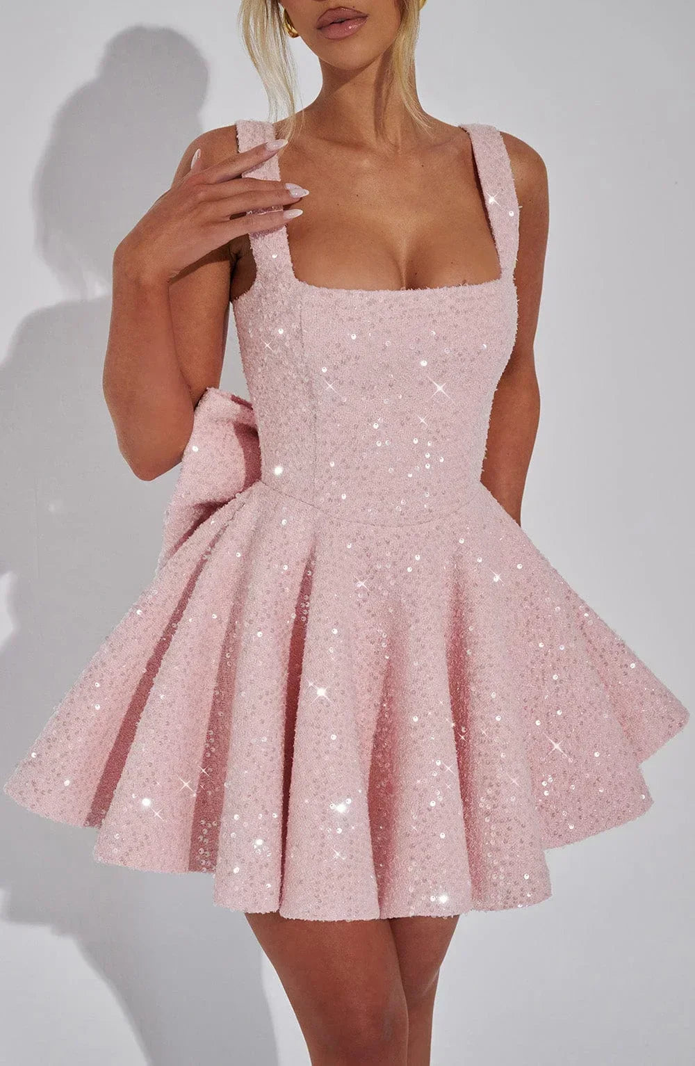 Women's Sparkling Evening Party Dress with Bow Detail | Mini