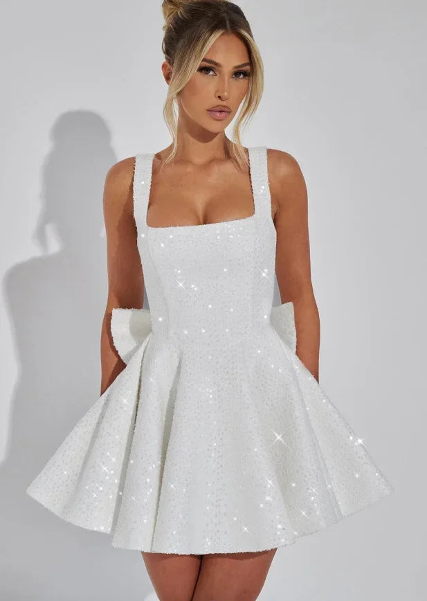 Women's Sparkling Evening Party Dress with Bow Detail | Mini