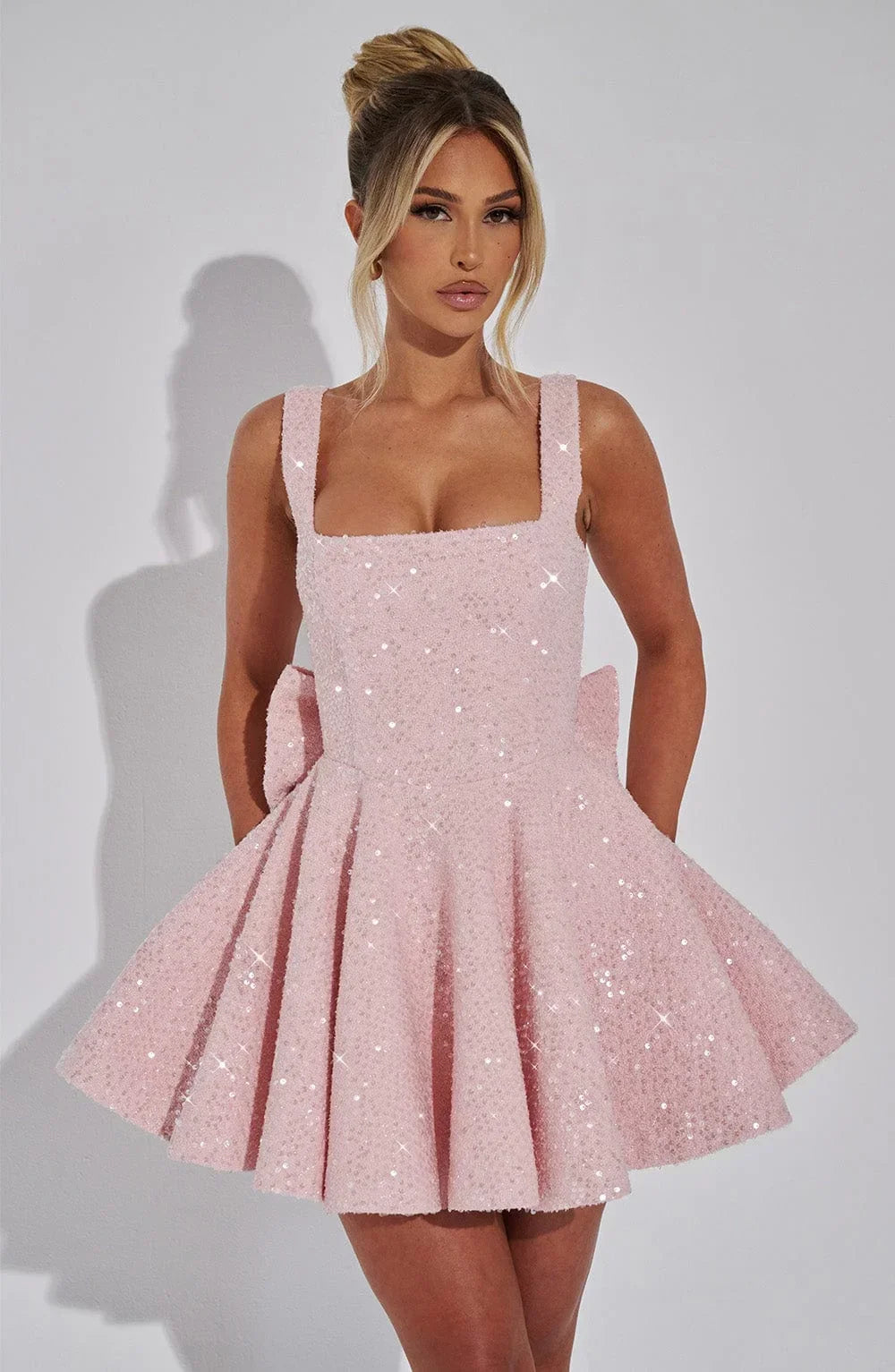 Women's Sparkling Evening Party Dress with Bow Detail | Mini
