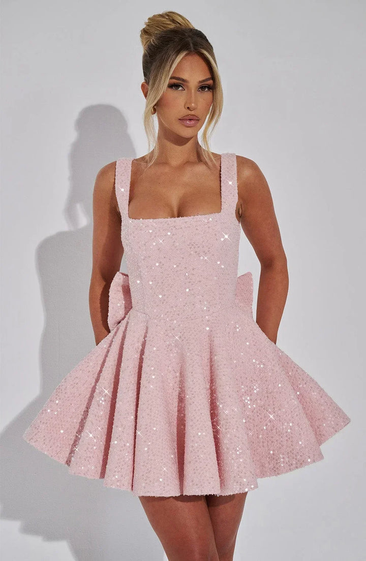 Women's Sparkling Evening Party Dress with Bow Detail | Mini