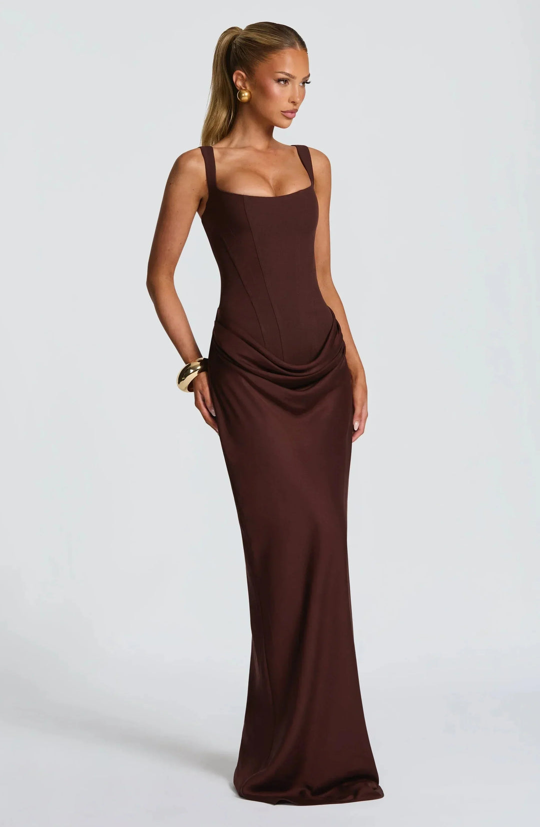 Women's Elegant Evening Drape Square Neck Fitted Dress | Maxi