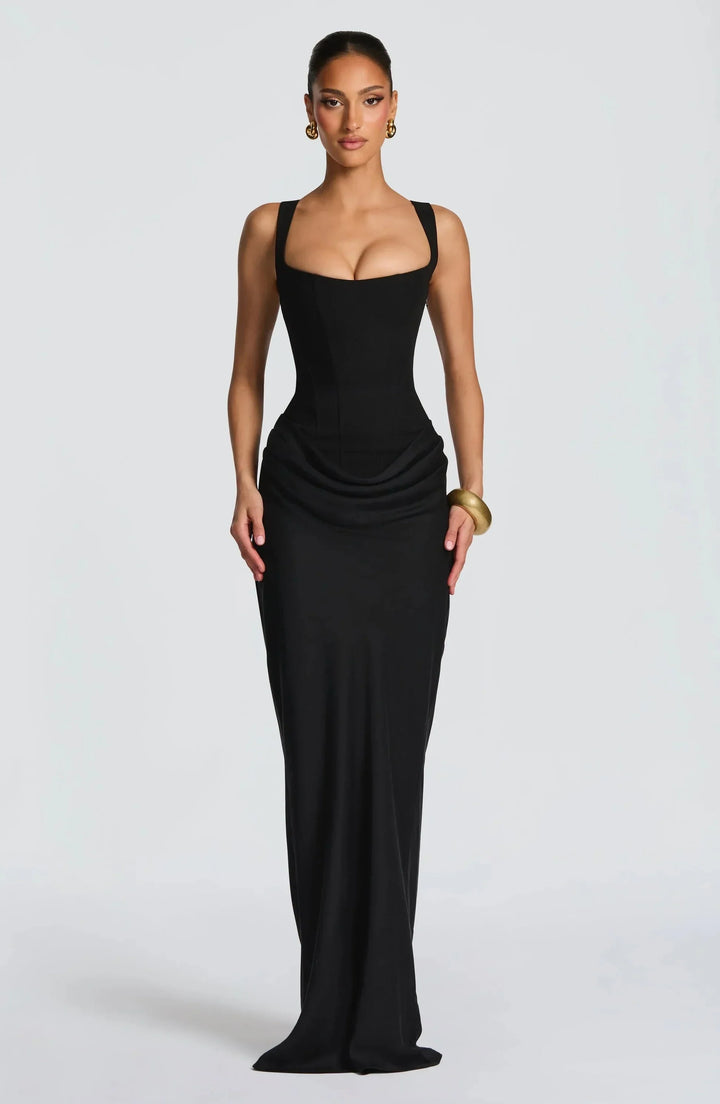 Women's Elegant Evening Drape Square Neck Fitted Dress | Maxi