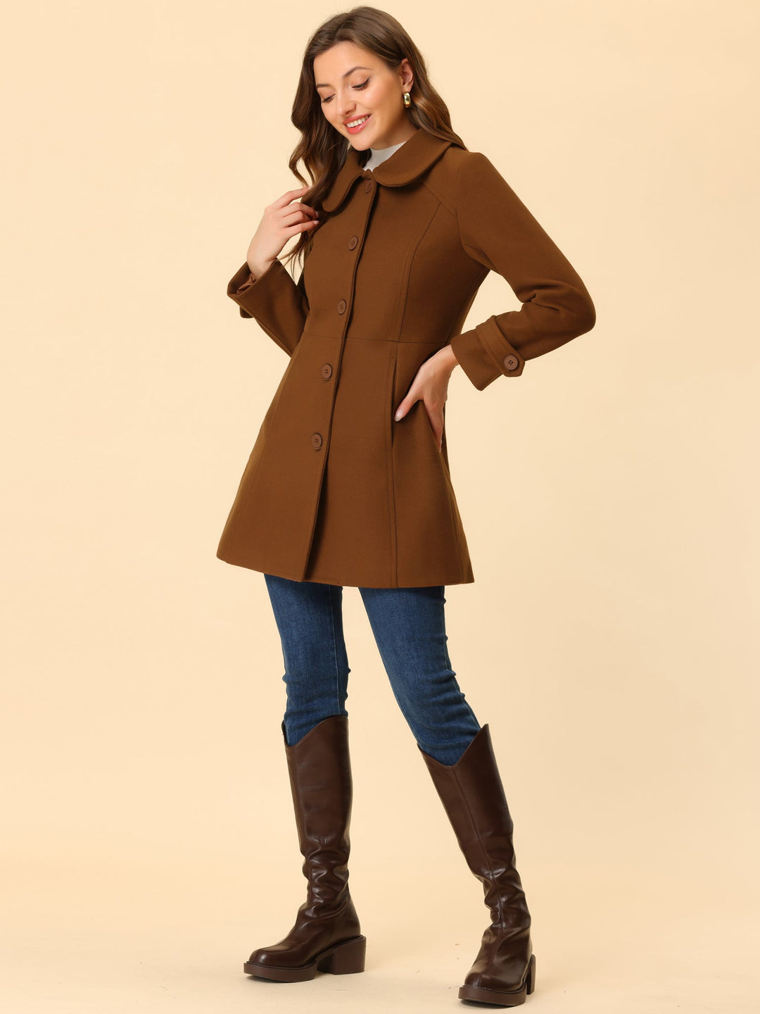 Long manteau d’hiver boutonné à col pour femme