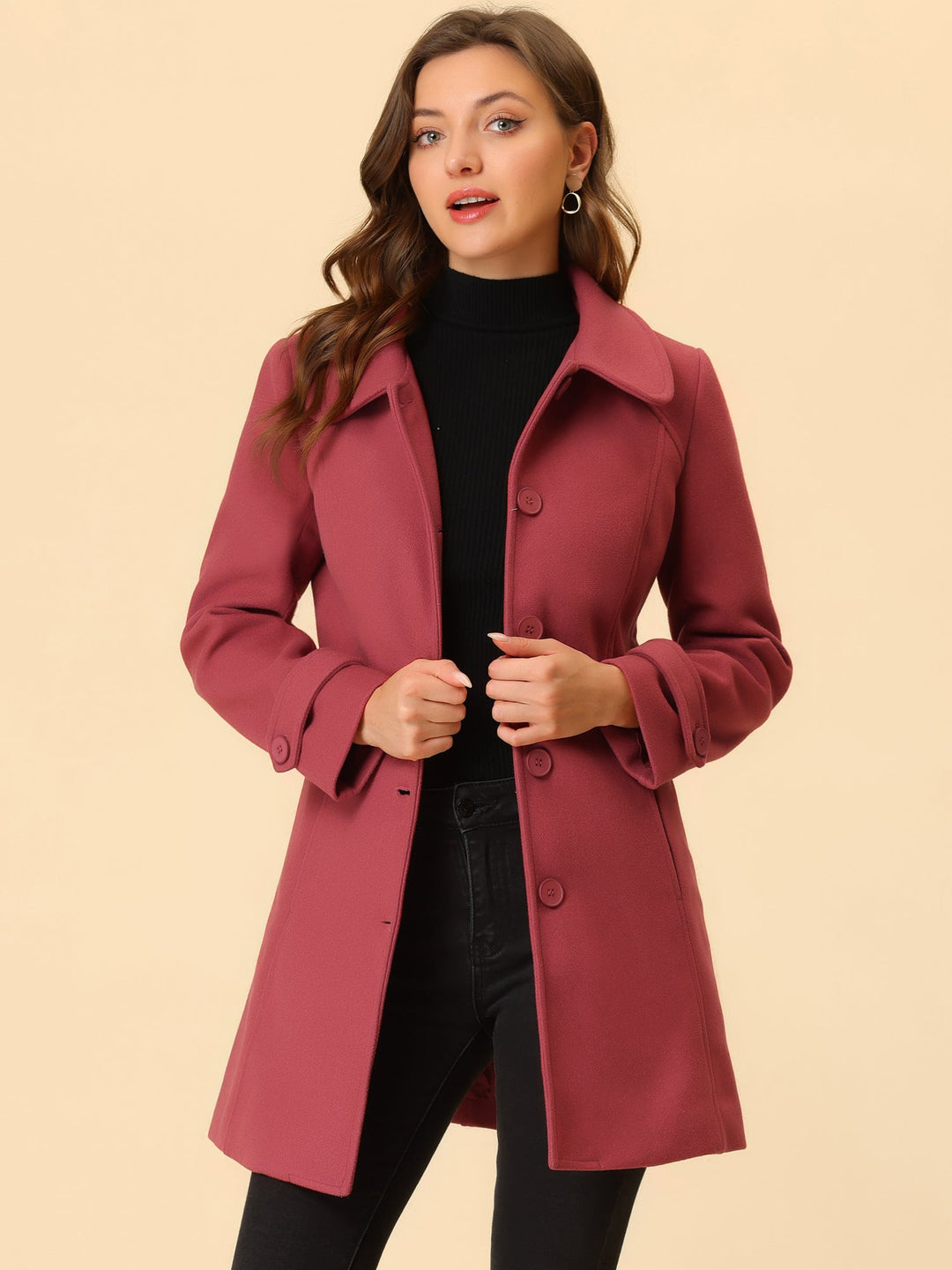 Long manteau d’hiver boutonné à col pour femme