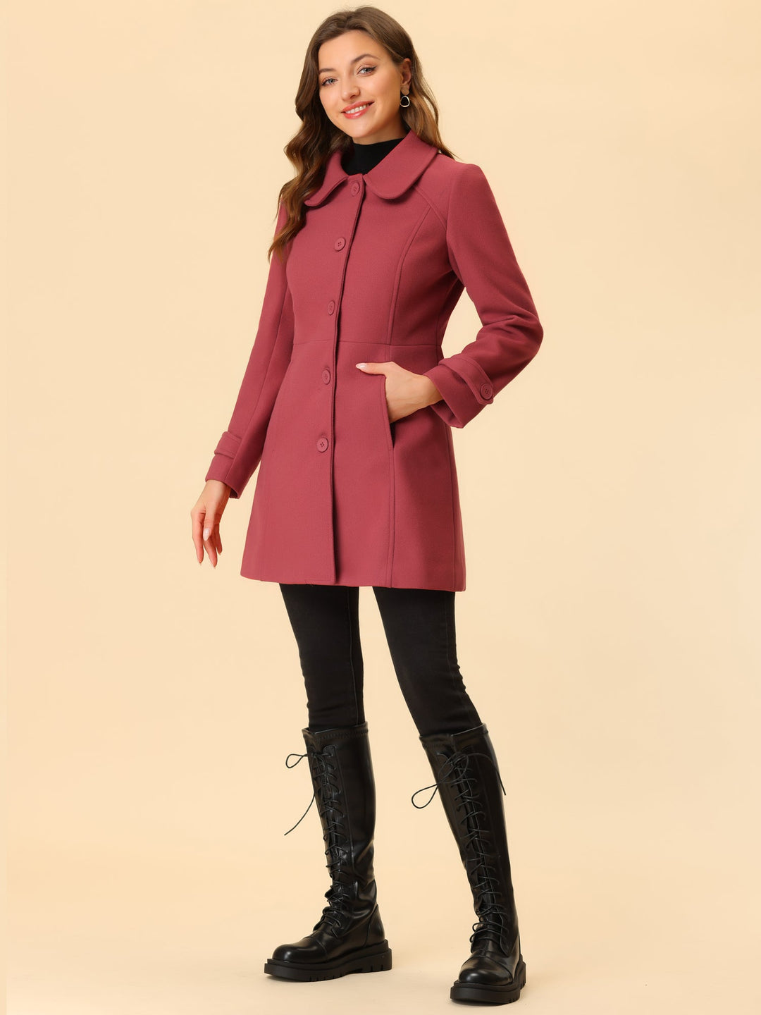 Long manteau d’hiver boutonné à col pour femme