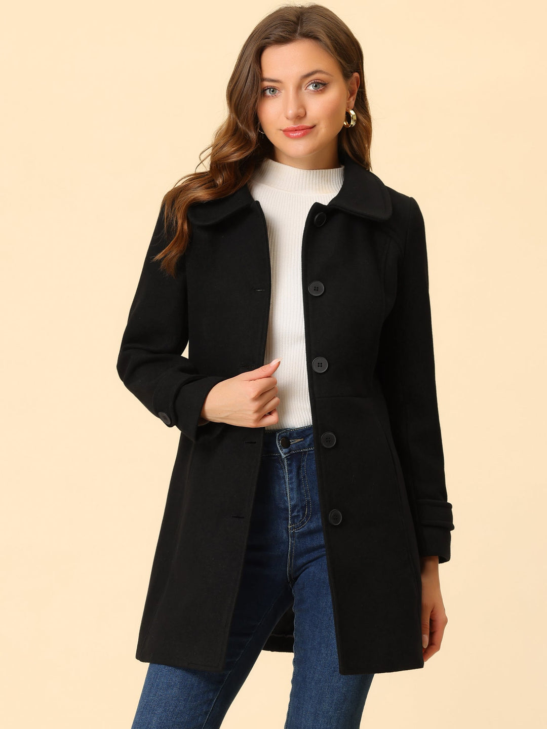 Long manteau d’hiver boutonné à col pour femme
