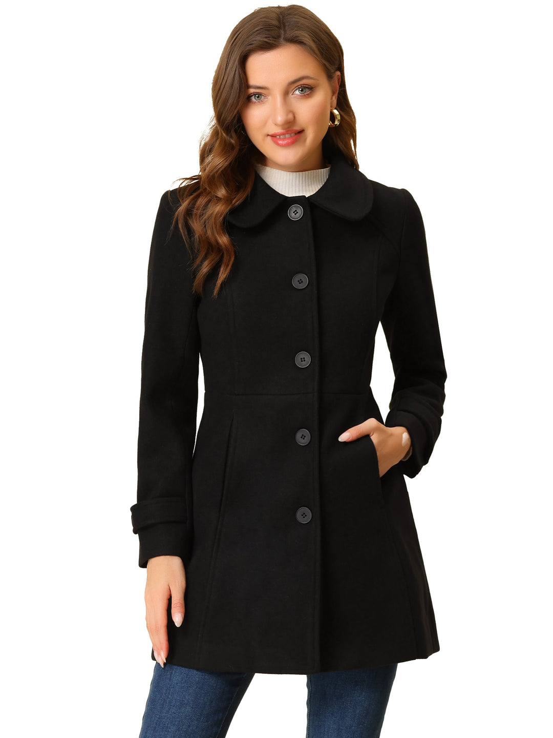 Long manteau d’hiver boutonné à col pour femme