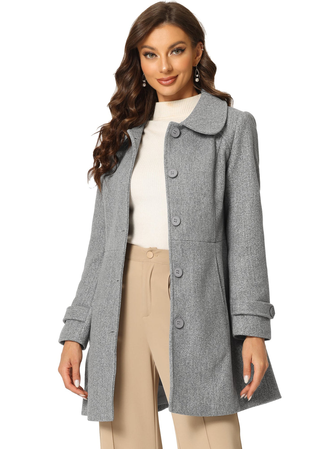 Long manteau d’hiver boutonné à col pour femme
