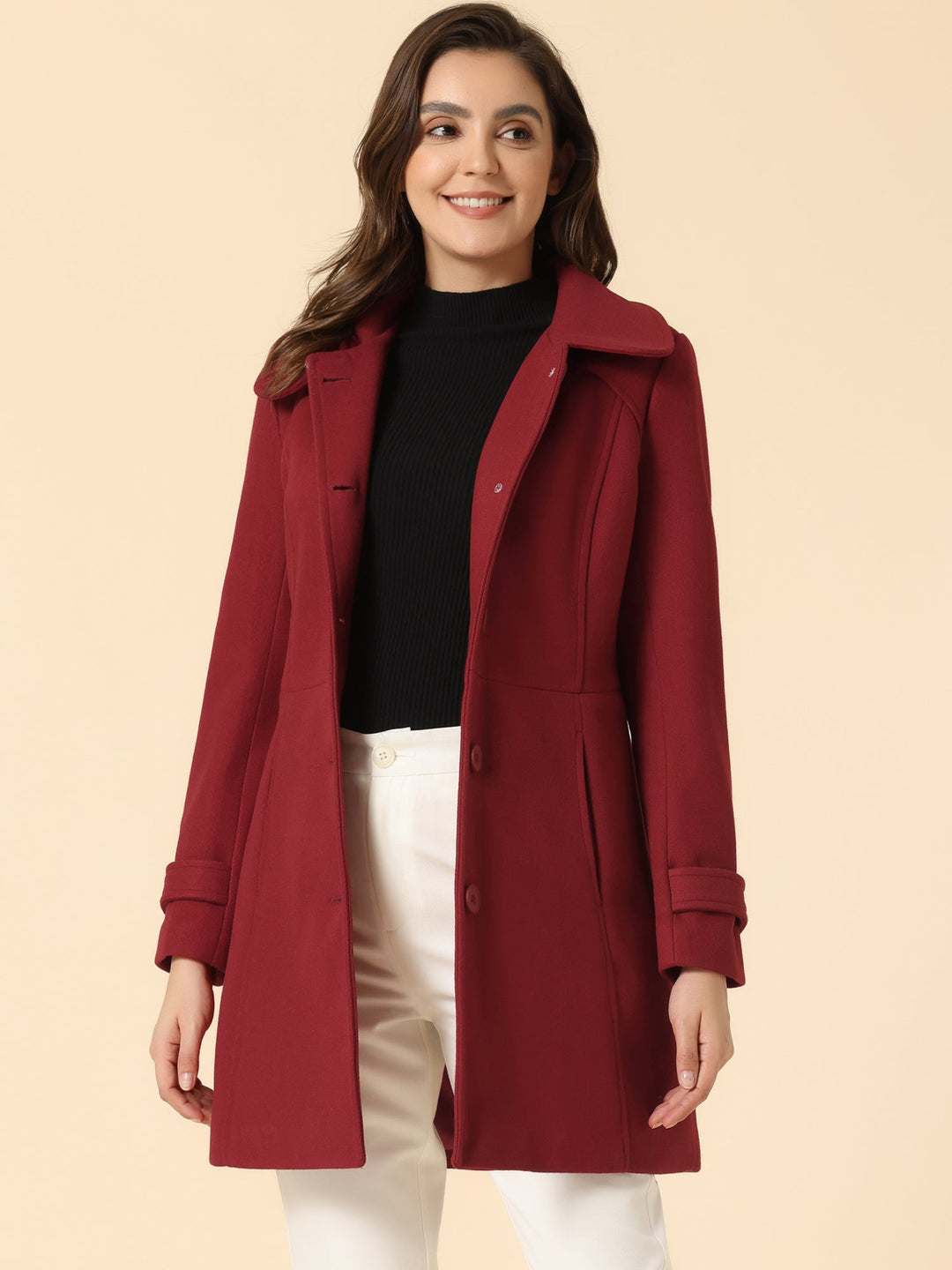 Long manteau d’hiver boutonné à col pour femme