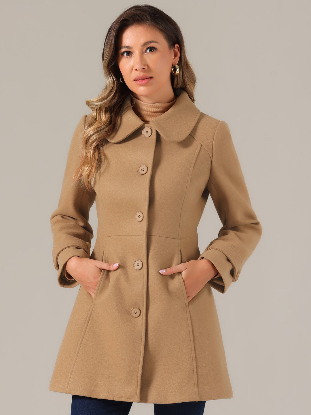Long manteau d’hiver boutonné à col pour femme