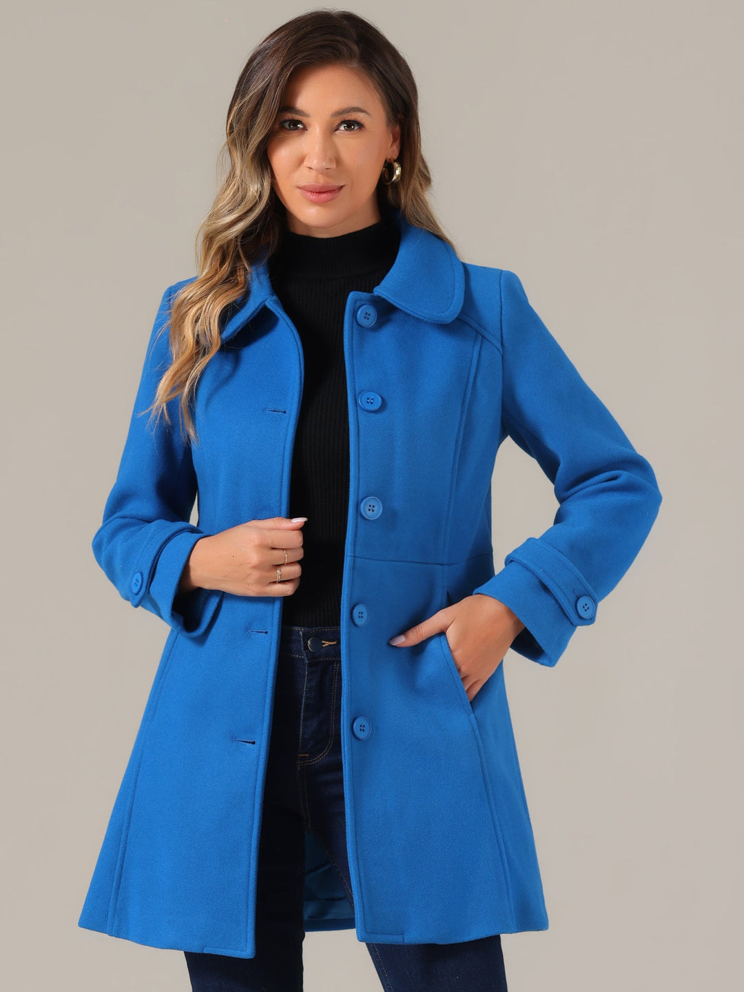 Long manteau d’hiver boutonné à col pour femme