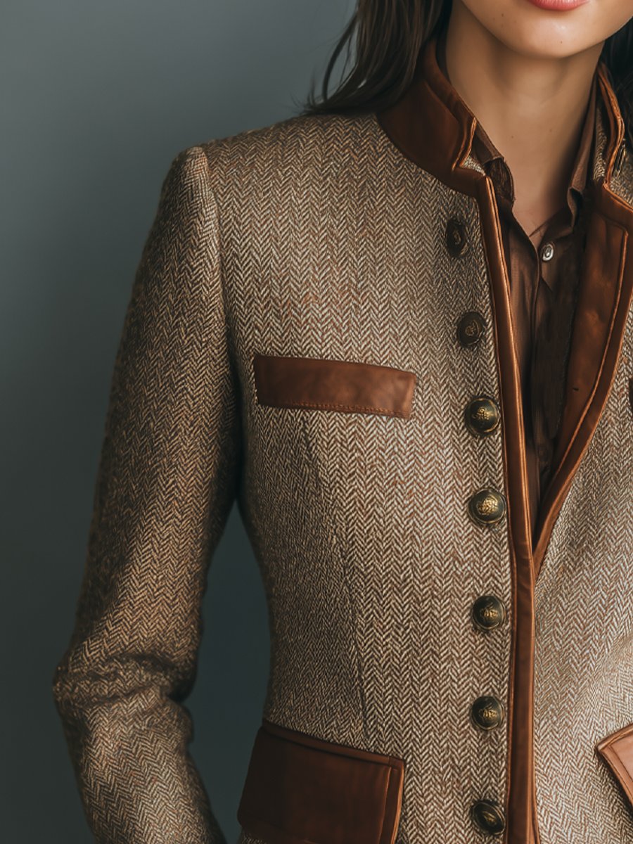 Veste marron à chevrons boutonnée pour femme | Hiver